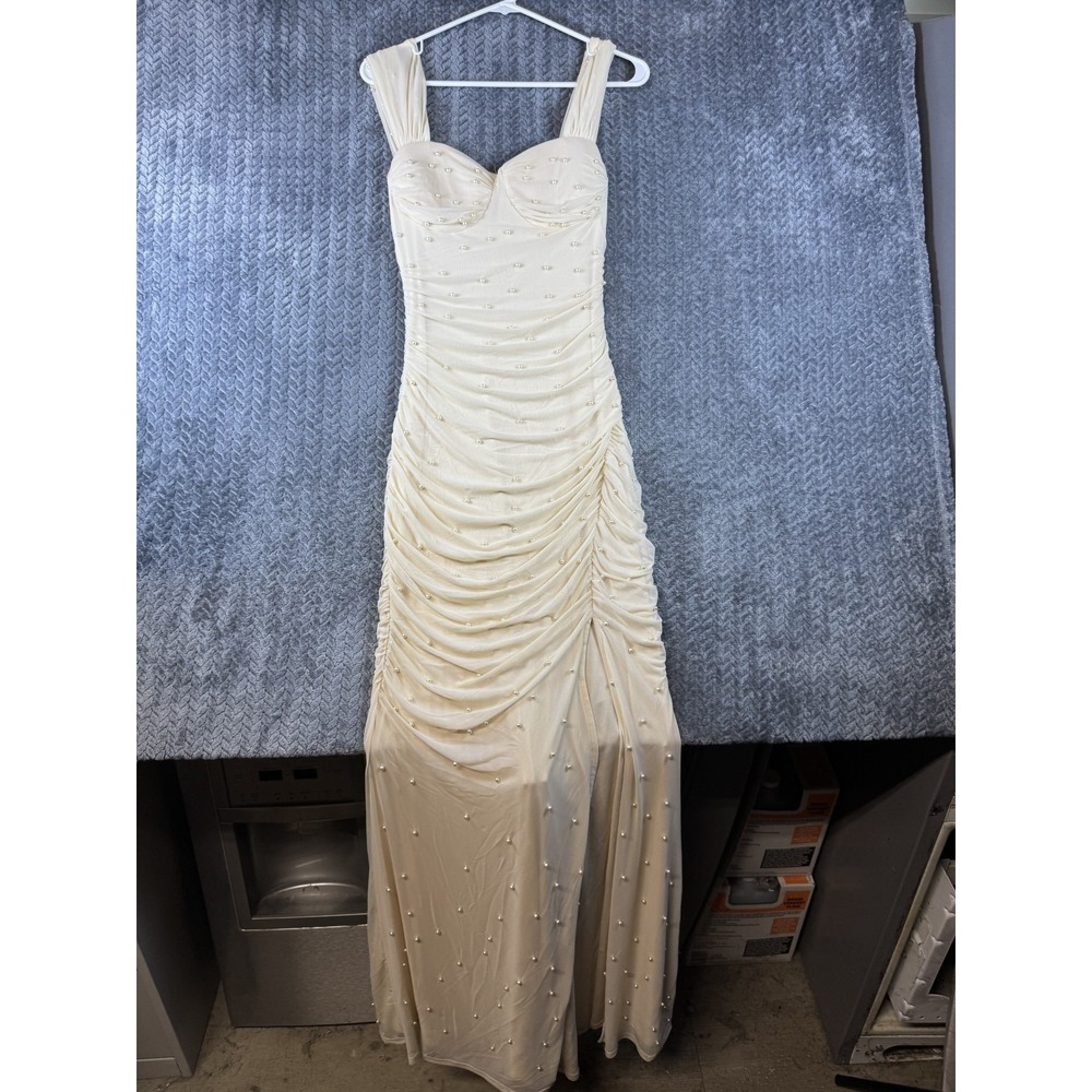 Windsor Fay Off The Shoulder Faux Pearl Mermaid Dress Women XL Beige Mesh Padded